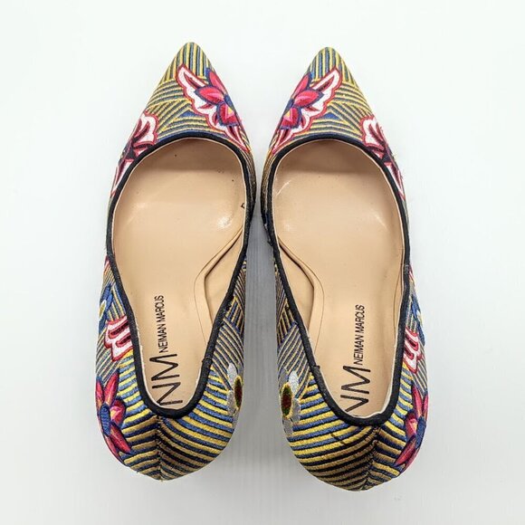 Neiman Marcus Multicolor Floral Striped Embroidered Heels 8M - Picture 4 of 9